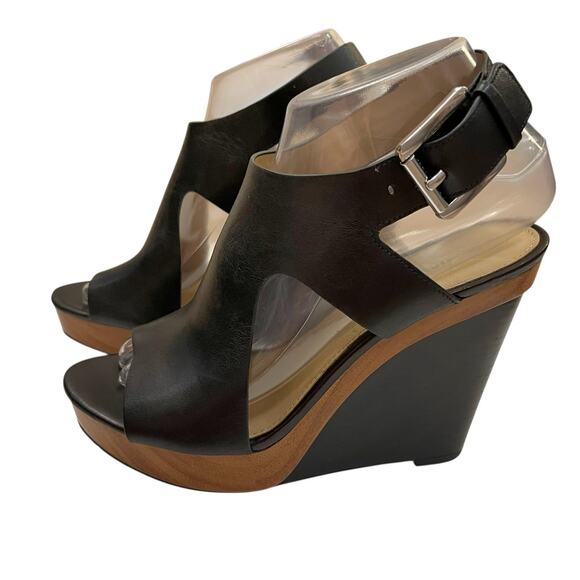 Michael Kors Josephine Wedge Sandals Size 7M Black Leather Wood Look Open Toe - Picture 1 of 12